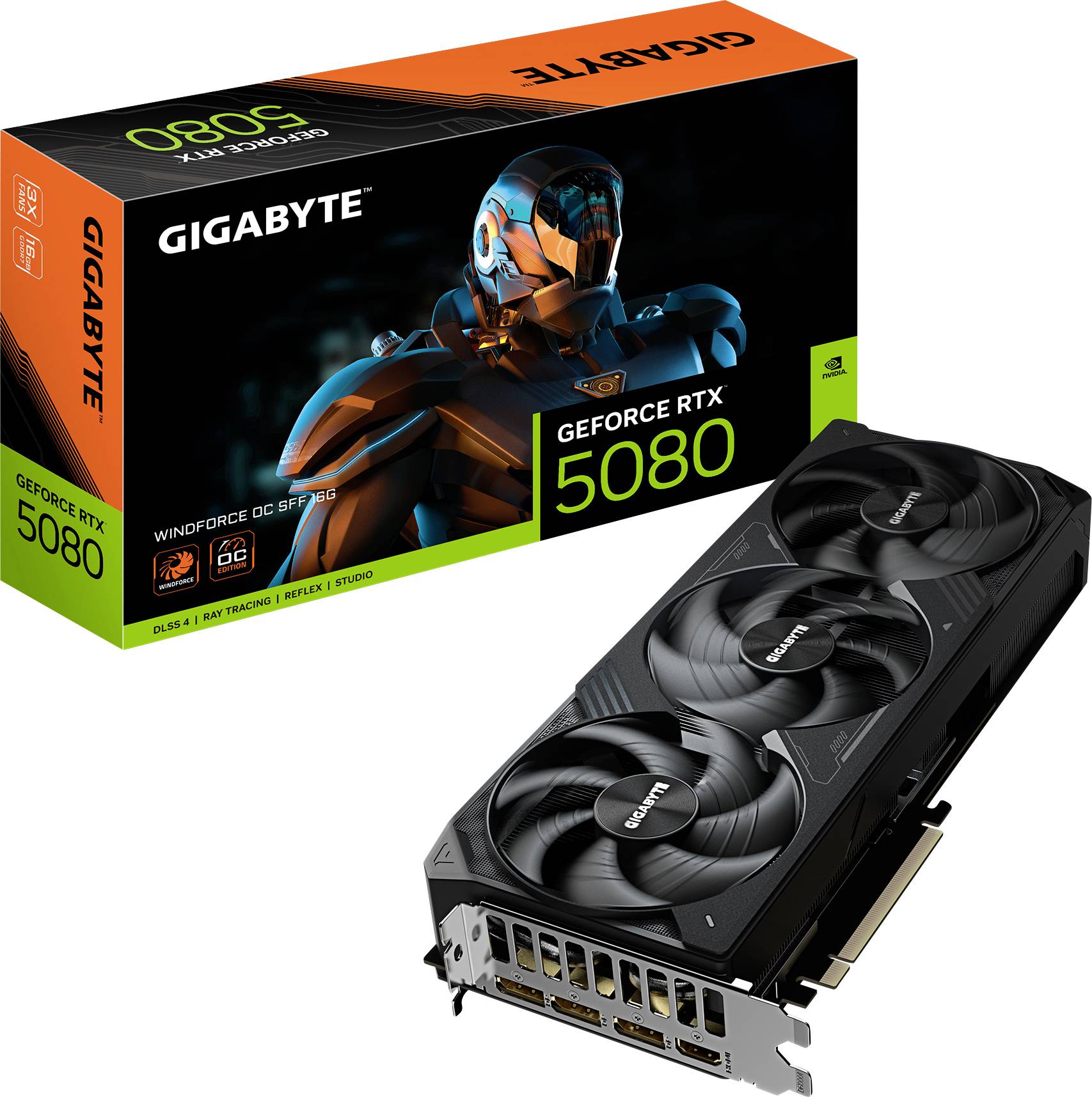 Eine Gigabyte GeForce RTX 5080 Grafikkarte neben ihrer Verpackung. Die Verpackung zeigt einen futuristischen Helm und das Modell 'GeForce RTX 5080'.
