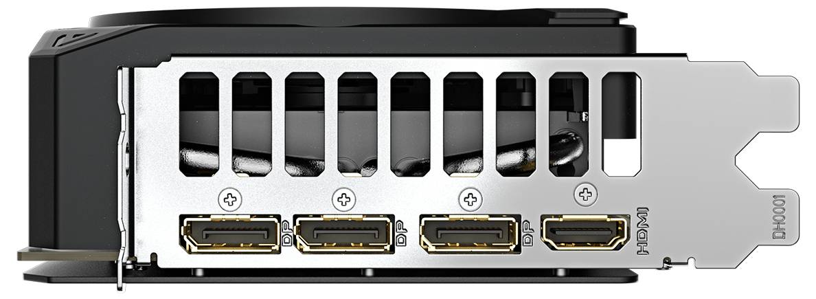 Rückseite einer Grafikkarte mit vier HDMI-Anschlüssen und Lüftungsschlitzen, die für den Anschluss von Monitoren oder TV-Geräten genutzt werden kann.