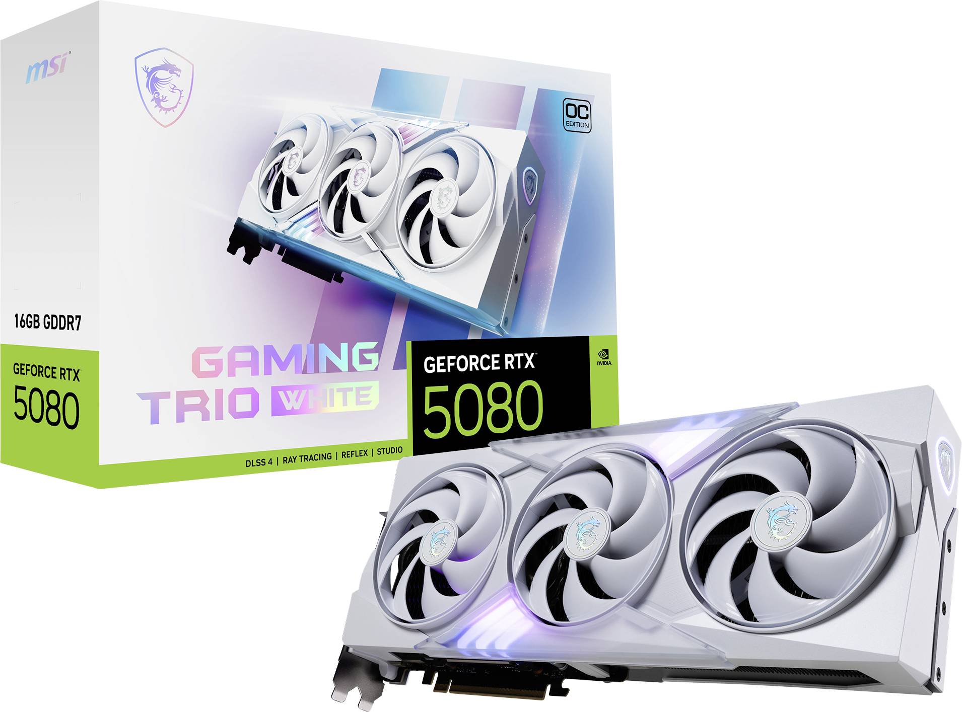 Eine weiße Gaming-Grafikkarte MSI RTX 5080 mit drei Lüftern. Die Verpackung zeigt das gleiche Modell.