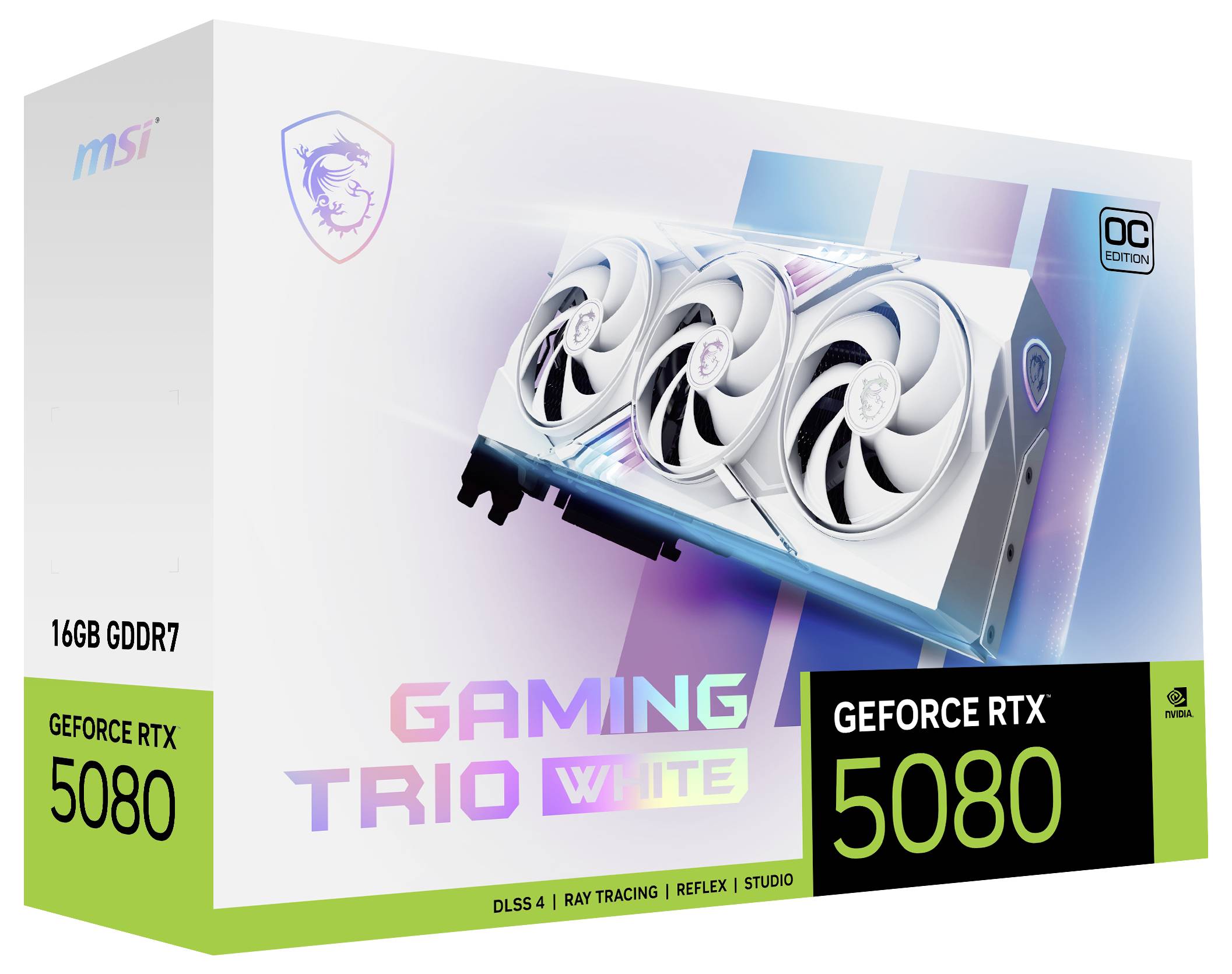 Computergrafikkarte MSI GeForce RTX 5080 in der Verpackung, 16 GB GDDR7, DLSS 4, Ray Tracing, Reflex, Studio, Gaming Trio Edition.