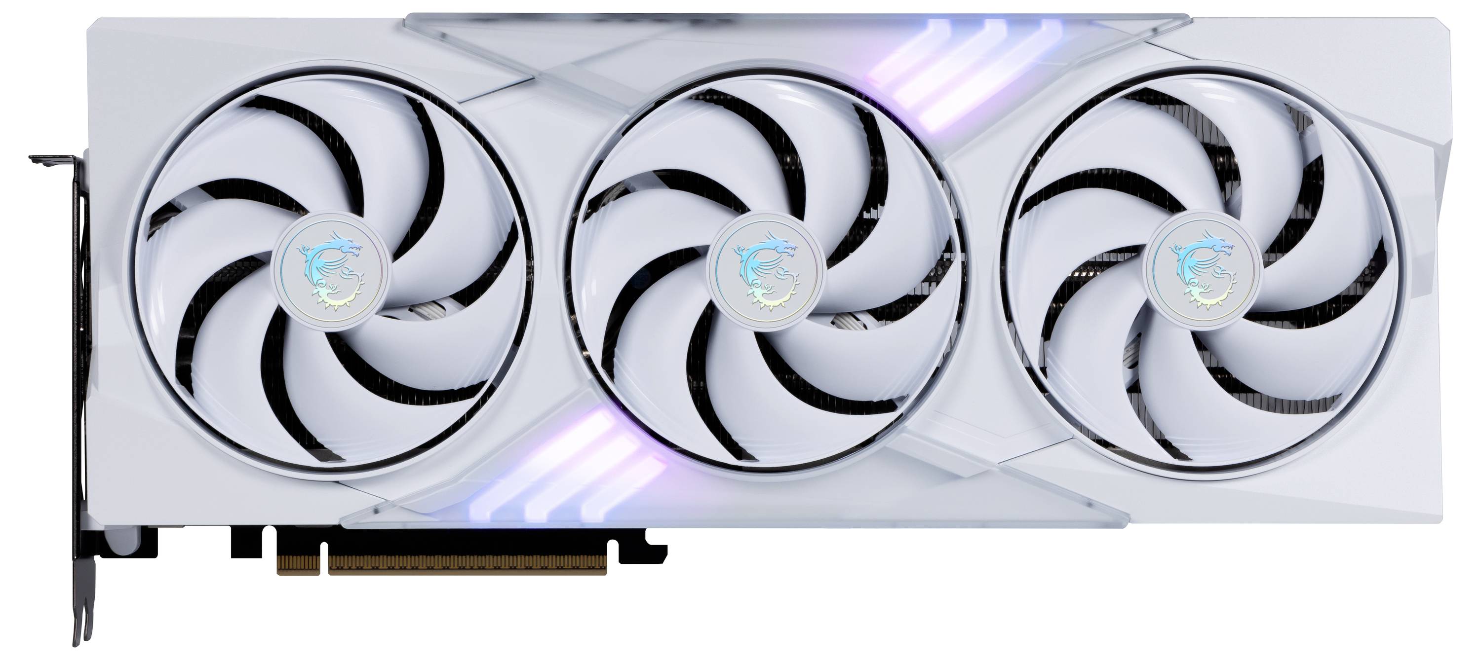 Weiße Grafikkarte mit drei großen Lüftern und RGB-Beleuchtung, die in einem Computergehäuse installiert werden kann.