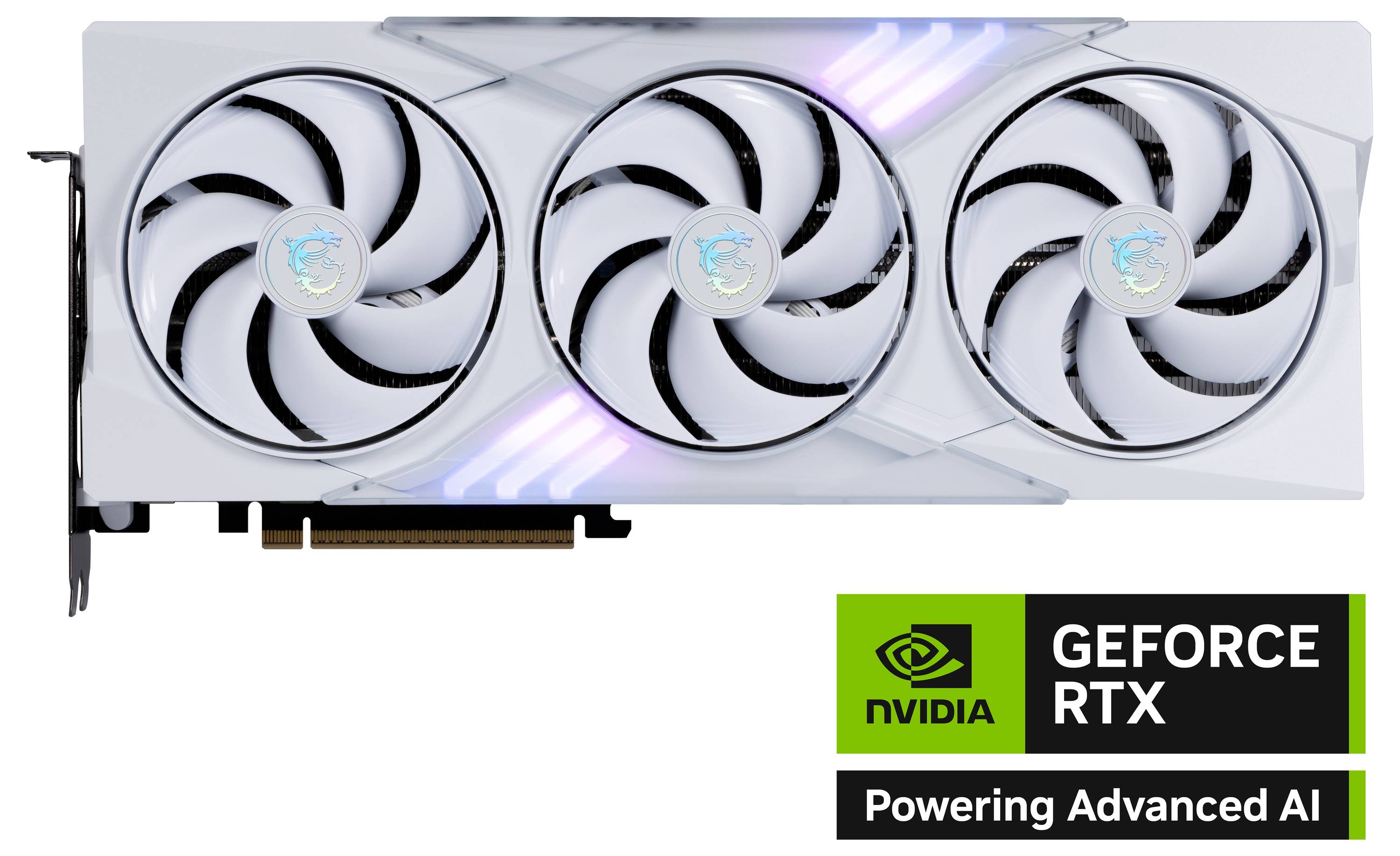 Eine weiße NVIDIA GeForce RTX Grafikkarte mit drei Lüftern und RGB-Beleuchtung. Text: 'Powering Advanced AI'.