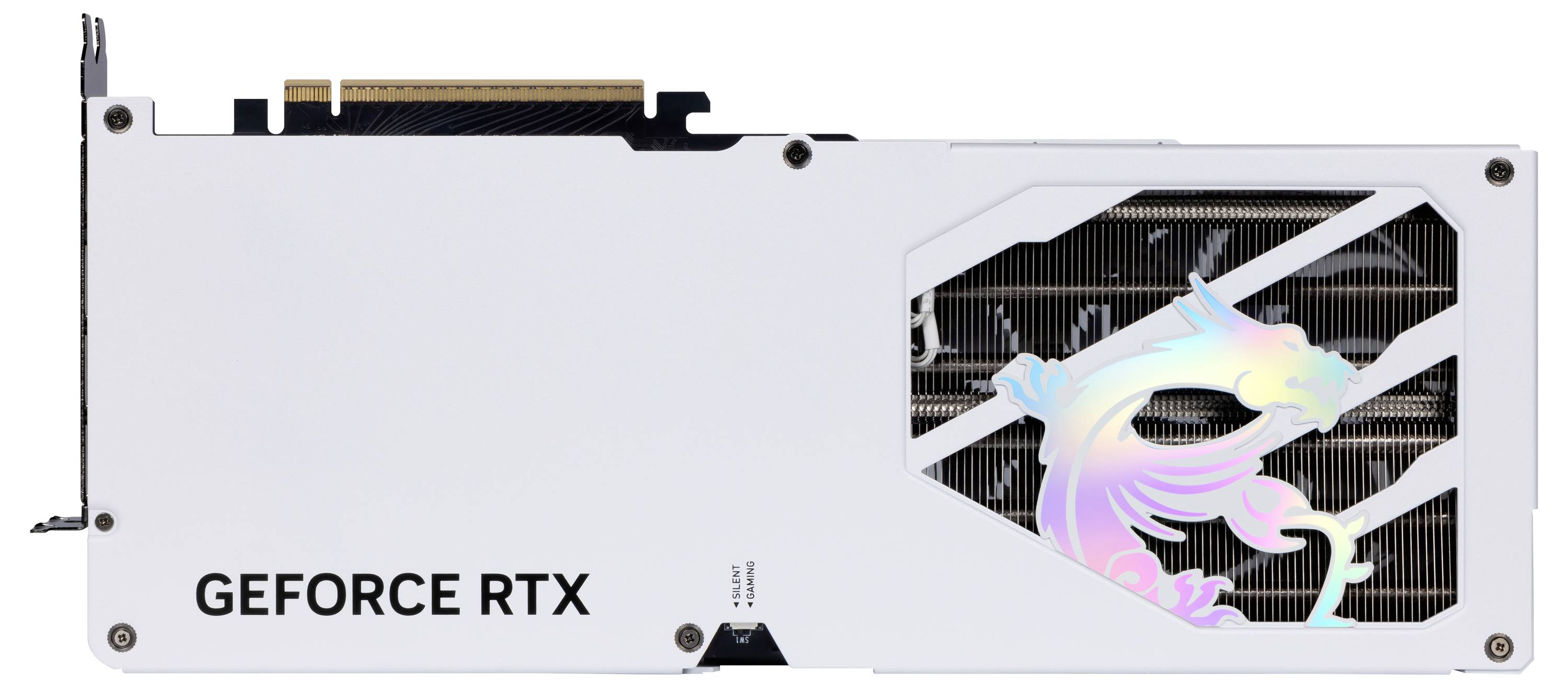 Eine weiße Grafikkarte mit der Aufschrift 'GEFORCE RTX'. Ein dracheförmiges Hologramm ist auf der rechten Seite sichtbar.