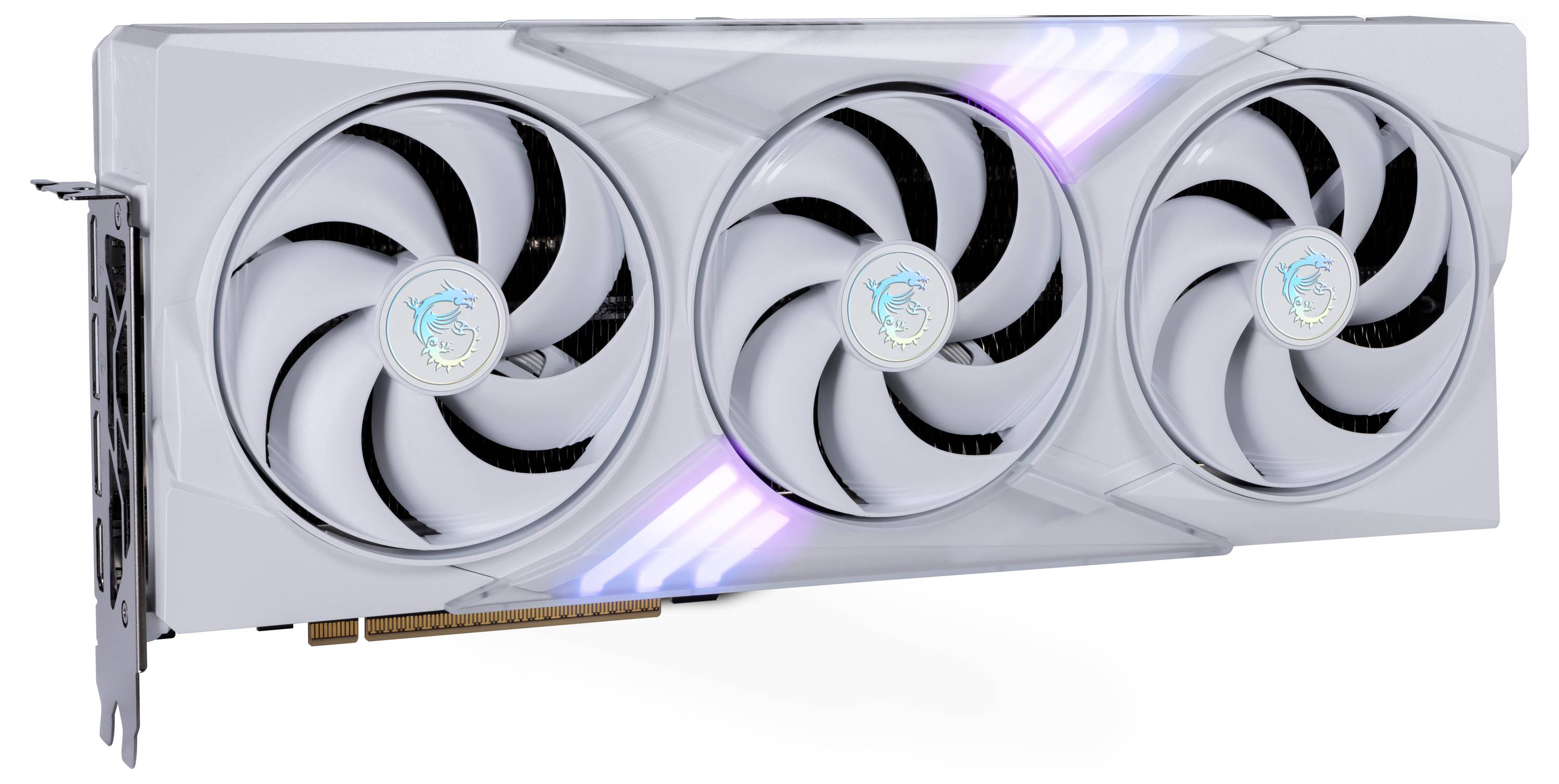 Eine weiße Grafikkarte mit drei Lüftern und violett-blauer LED-Beleuchtung an der Seite.