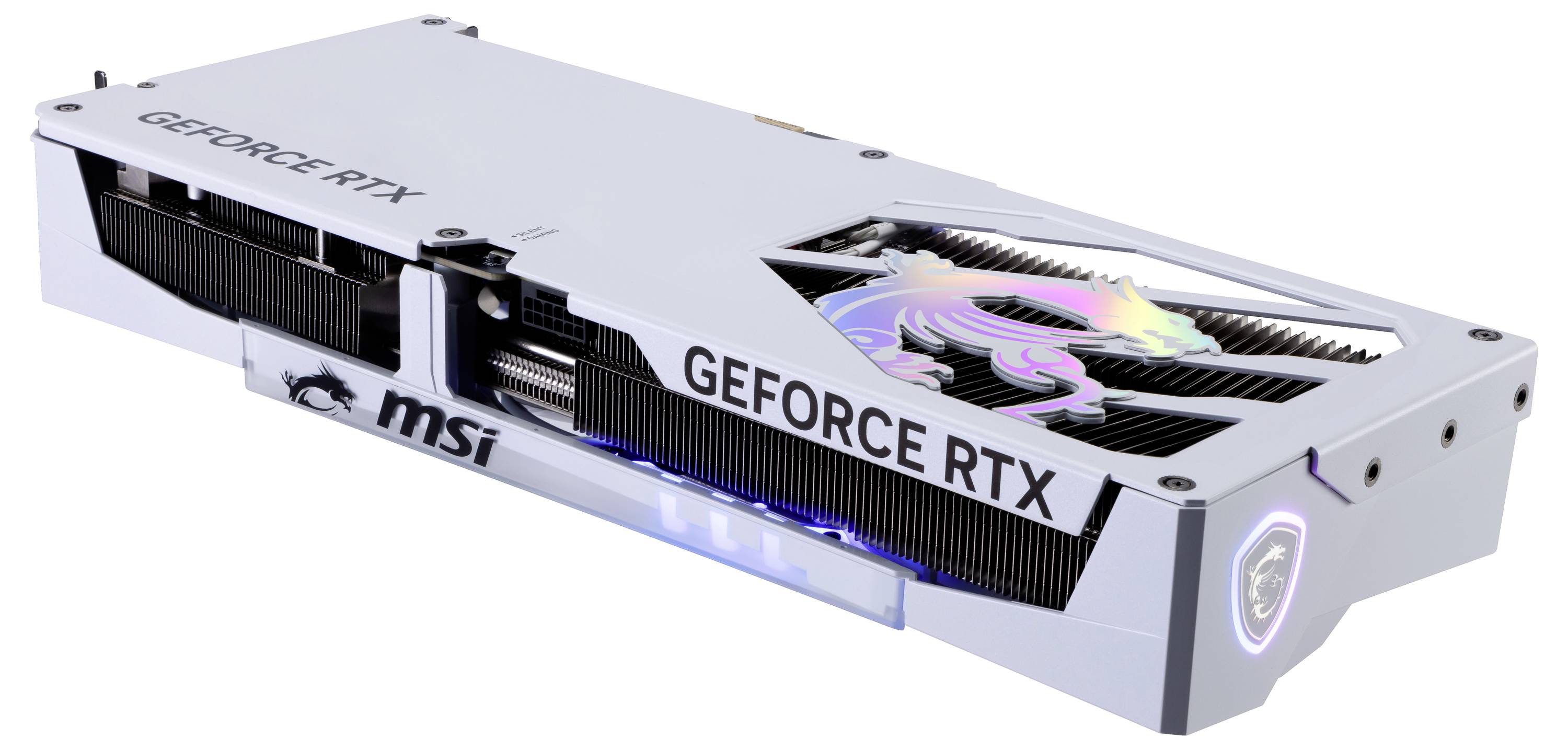 Grafikkarte MSI GeForce RTX, silbernes Design mit leuchtendem Drachenlogo. Side-Ansicht zeigt Kühlrippen und RGB-Beleuchtung.