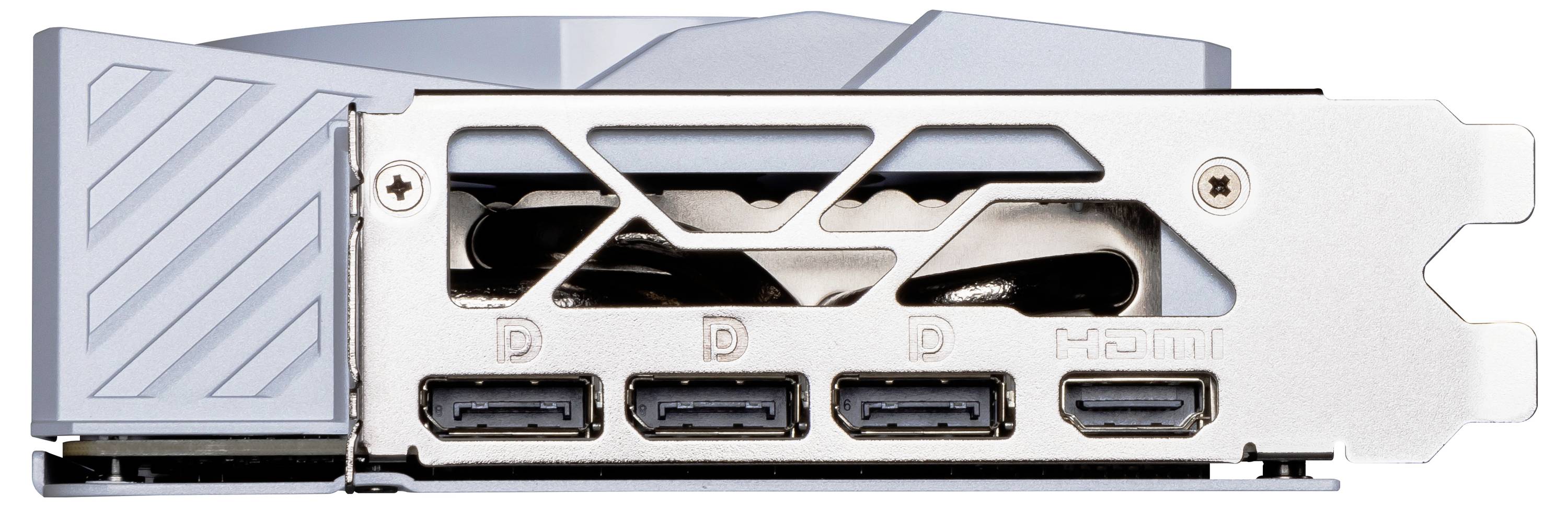 Eine Grafikkarte mit zwei DisplayPort- und zwei HDMI-Anschlüssen, fokussiert auf die Anschlussseite.