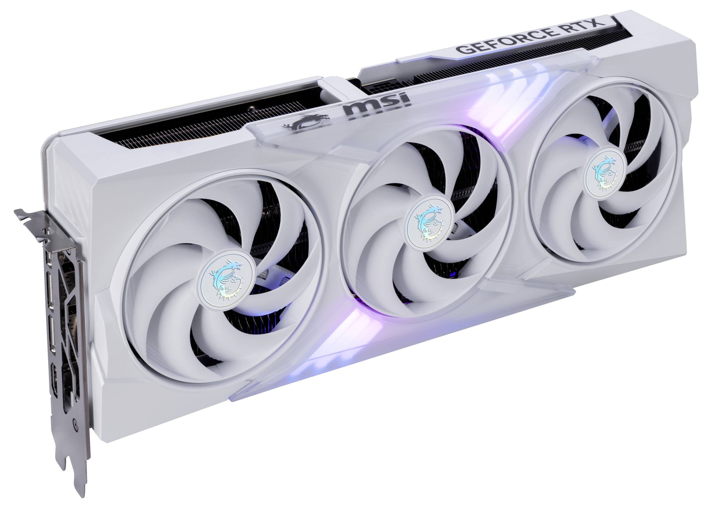 Eine weiße Grafikkarte mit drei Lüftern und RGB-Beleuchtung. Aufschrift 'GEFORCE RTX' und 'msi'. Sie ist für leistungsstarke Gaming-Computer gedacht.