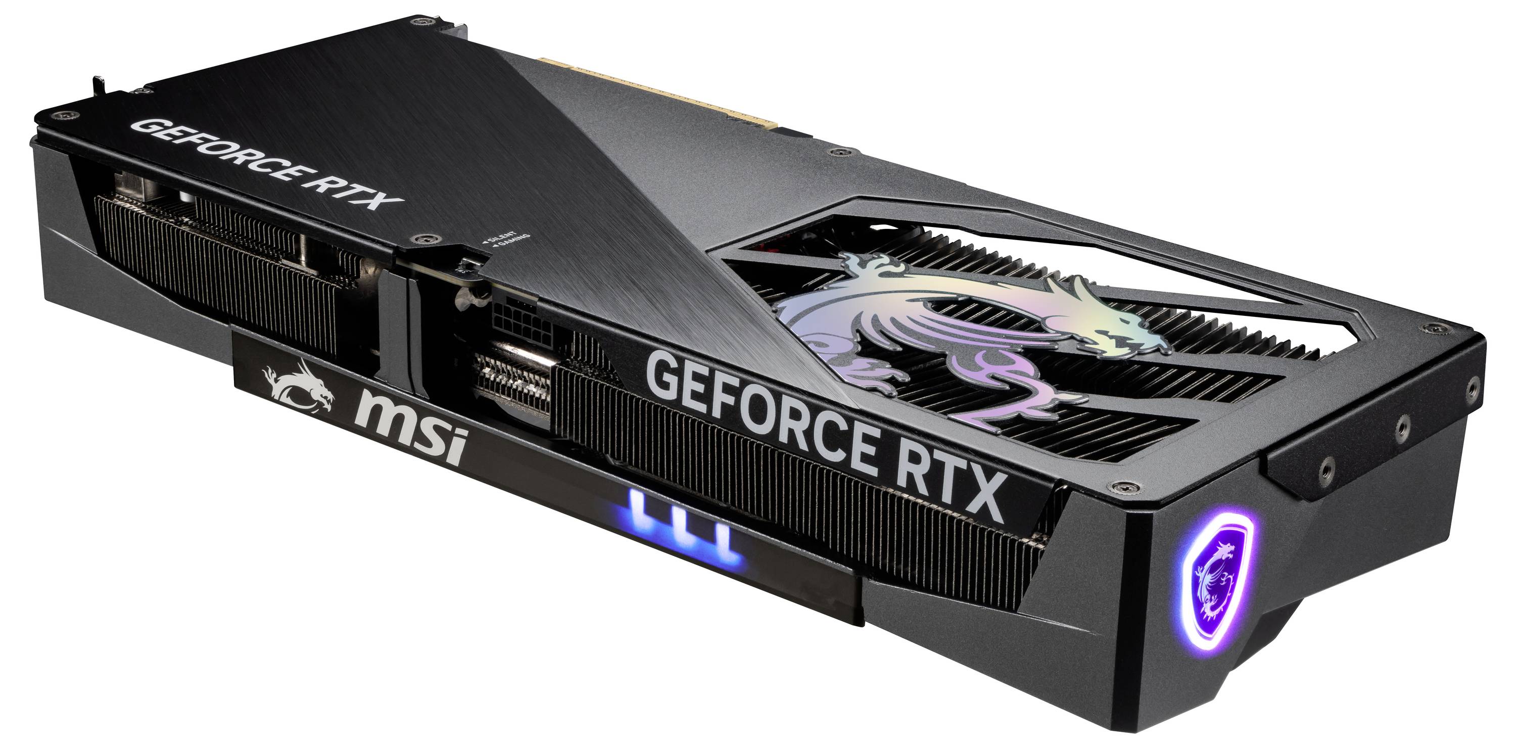 Eine schwarze Grafikkarte der Marke MSI mit 'GEFORCE RTX'-Aufdruck und einem beleuchteten Drachen-Logo auf der Oberseite.