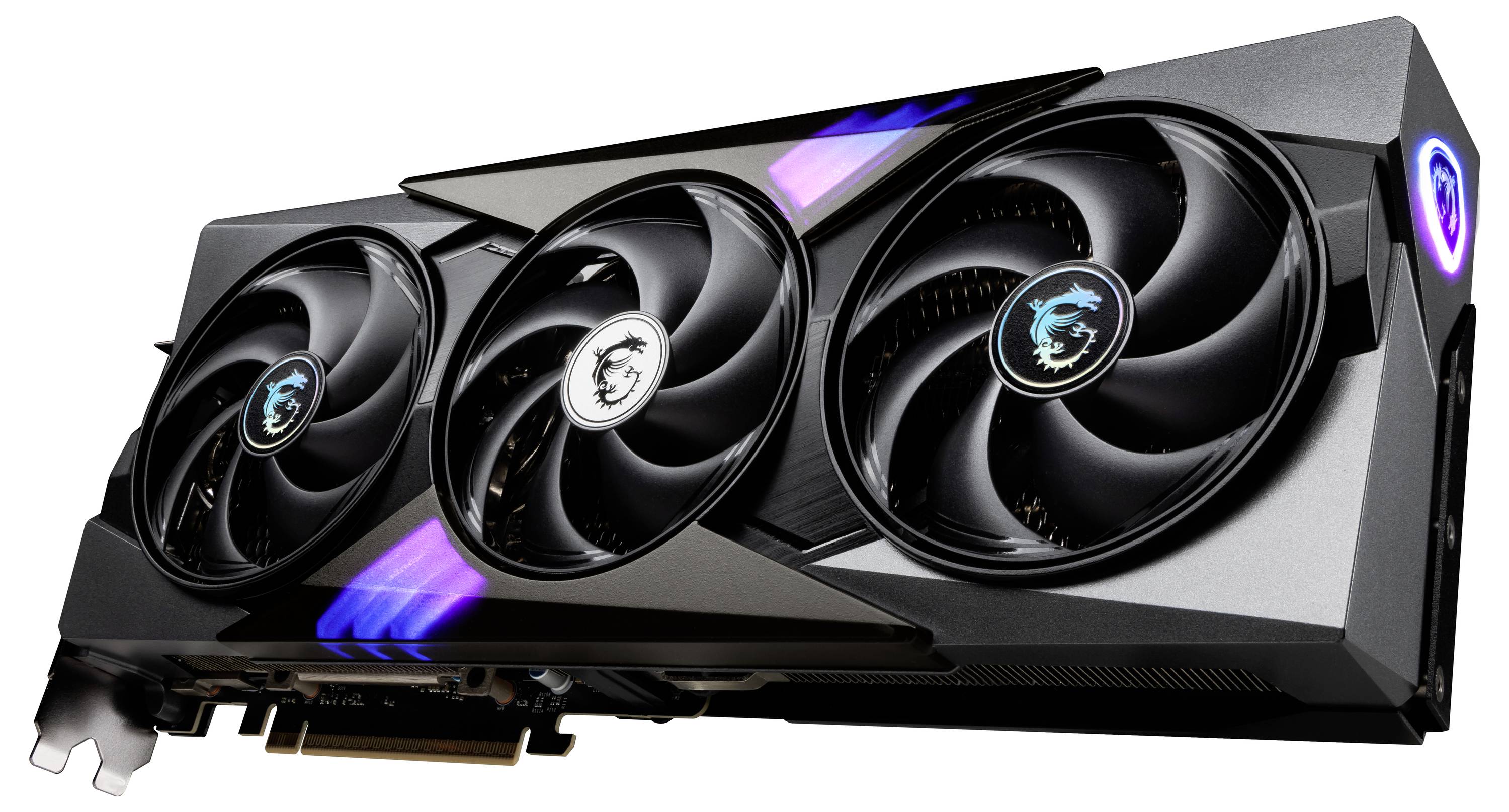 Grafikkarte mit drei Lüftern und leuchtenden Akzenten; modernes Design, zum Kühlen von Hochleistungskomponenten in Computern.