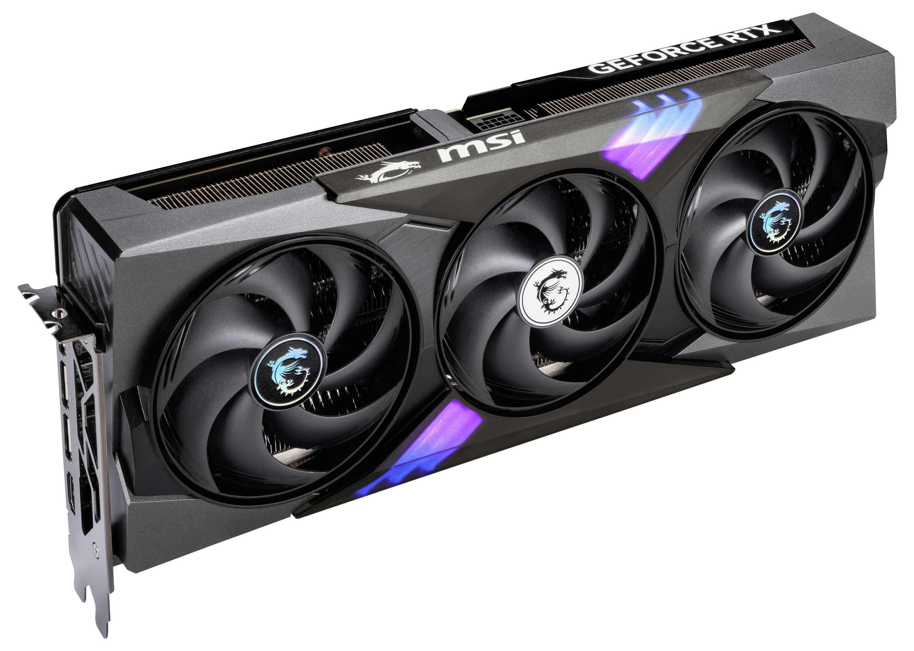 Eine MSI-Grafikkarte der GeForce RTX-Serie mit drei Lüftern, die für leistungsstarke Computergrafik und Spiele verwendet wird.