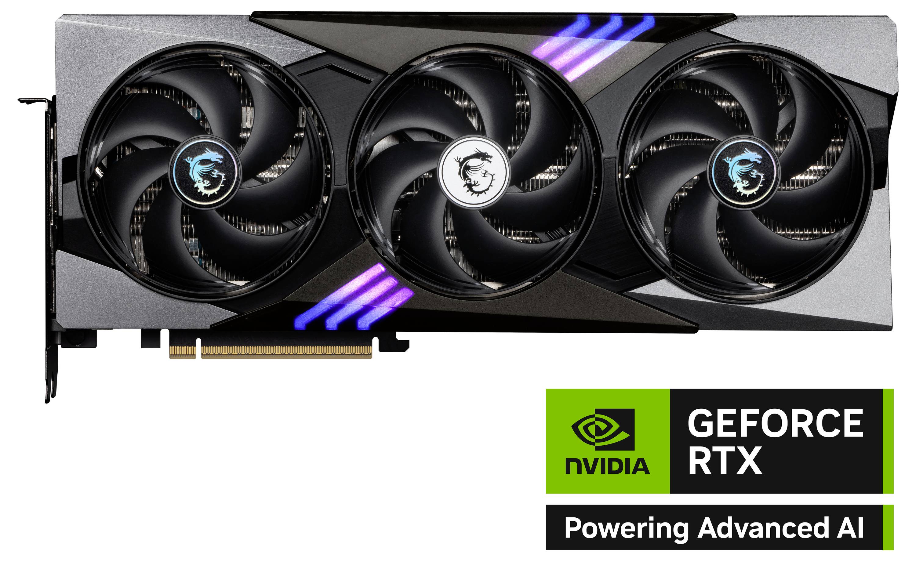 Grafikkarte mit drei Lüftern und RGB-Beleuchtung, zeigt das Nvidia GeForce RTX-Logo. Text: 'Powering Advanced AI'.