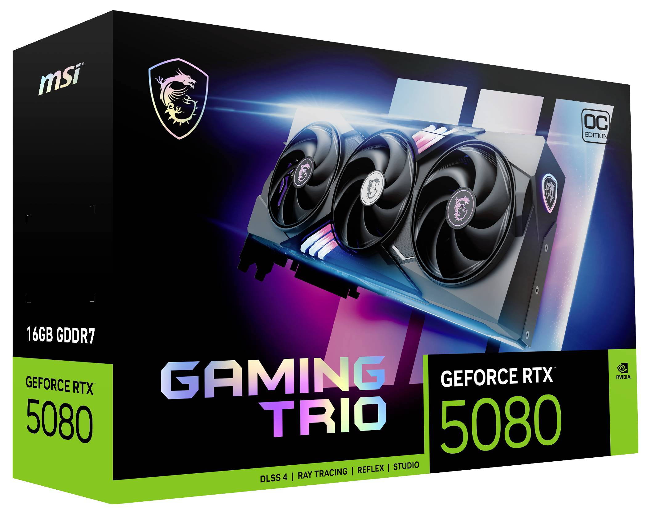 Schwarze Verpackung einer MSI GeForce RTX 5080 Gaming Trio Grafikkarte mit farbigem Text und Bild der Karte.