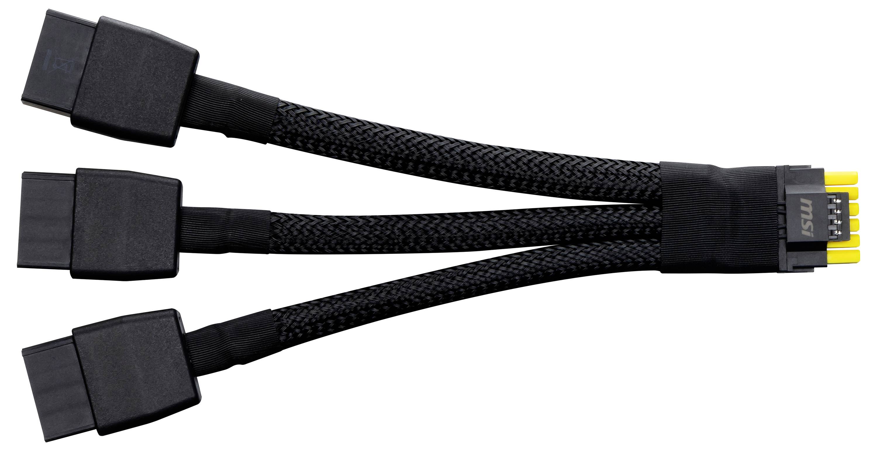 Drei schwarze, flexible Kabel mit einem einzelnen Stecker am Ende; geeignet für den Anschluss an drei verschiedene Geräte.