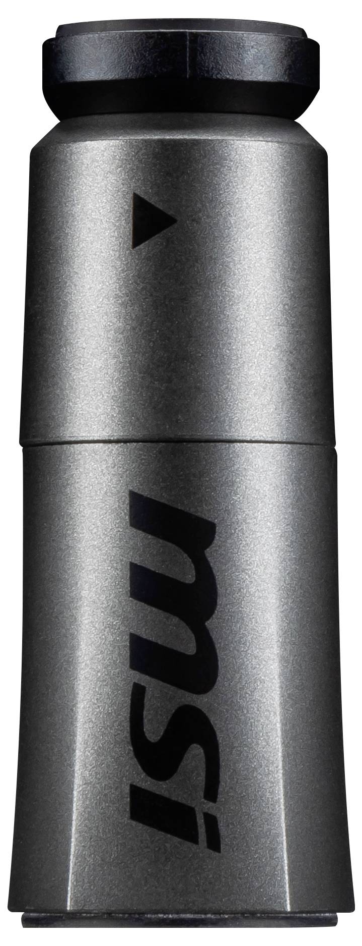 Grauer, zylindrischer Metallkörper mit schwarzem Pfeil und 'msi'-Logo. Hochwertiges technisches Bauteil, vermutlich ein Adapter.