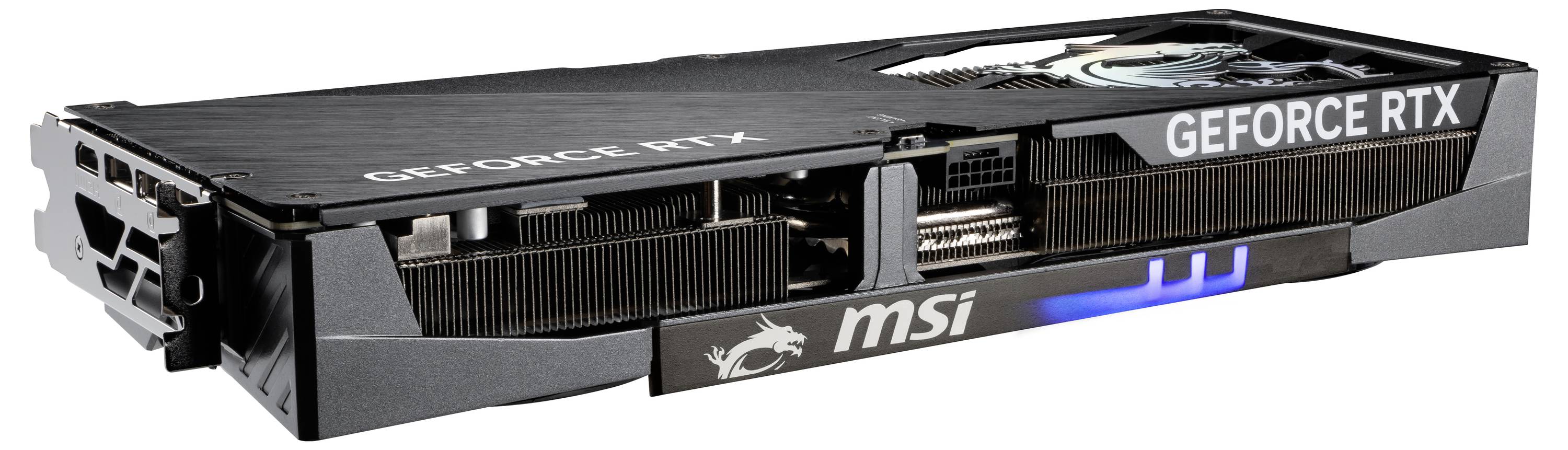 Grafikkarte MSI GeForce RTX mit schwarzem Gehäuse und blauem LED-Licht. Sichtbar sind Kühlrippen und ein Lüfter.