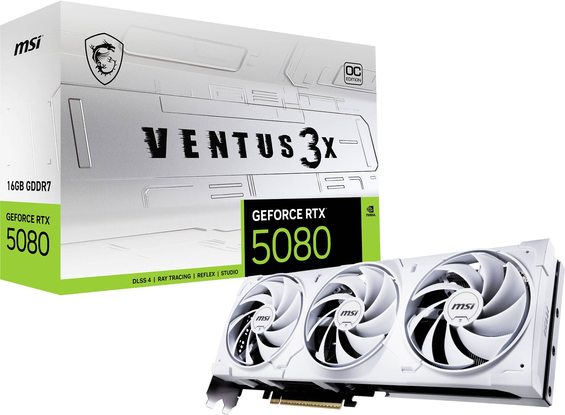 'MSI GeForce RTX 5080 Ventus 3X' Grafikkarte mit drei Lüftern und ihrer Verpackung. Verpackungstext: '16GB GDDR7, DLSS 4, Ray Tracing'.