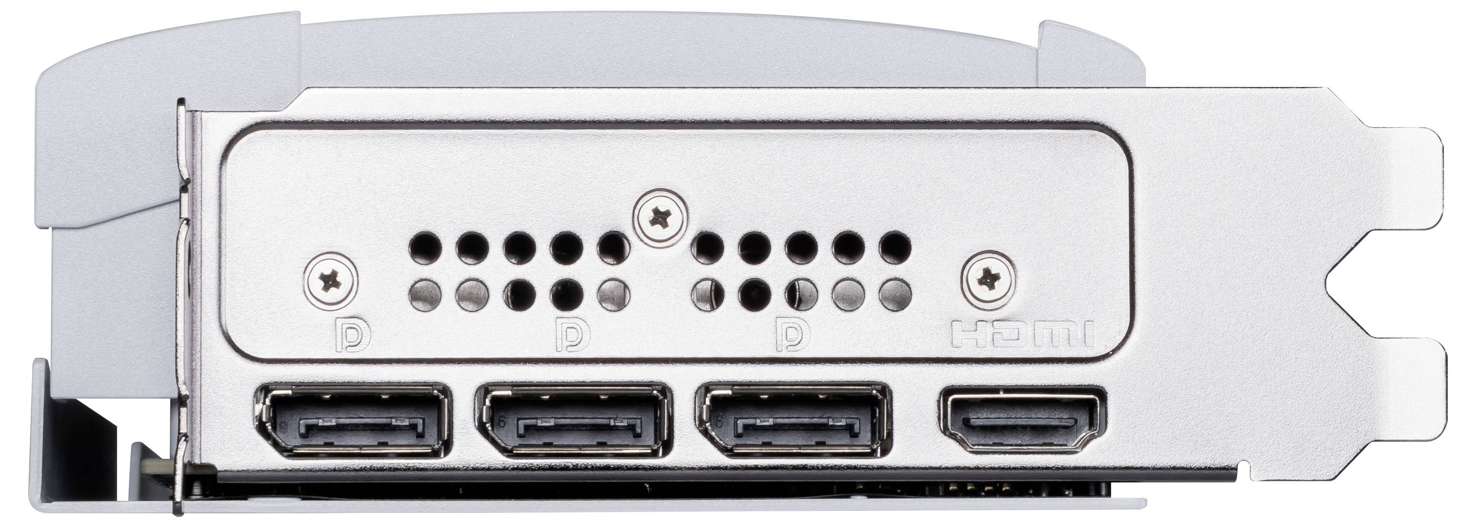 Rückansicht einer Grafikkarte mit vier DisplayPorts.