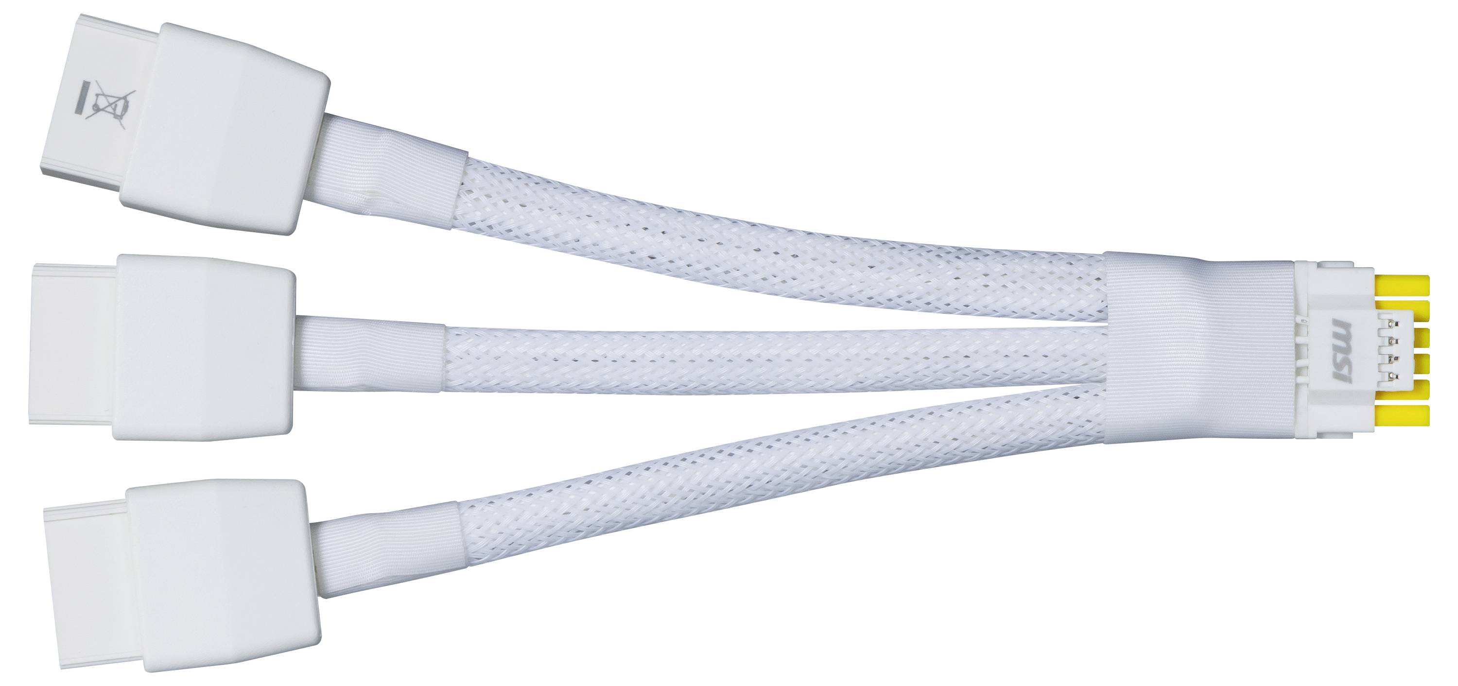 Drei weiße Kabel mit Steckern an einem Ende und einem gemeinsamen Stecker am anderen. Verbindet mehrere Geräte zu einem Hauptgerät.