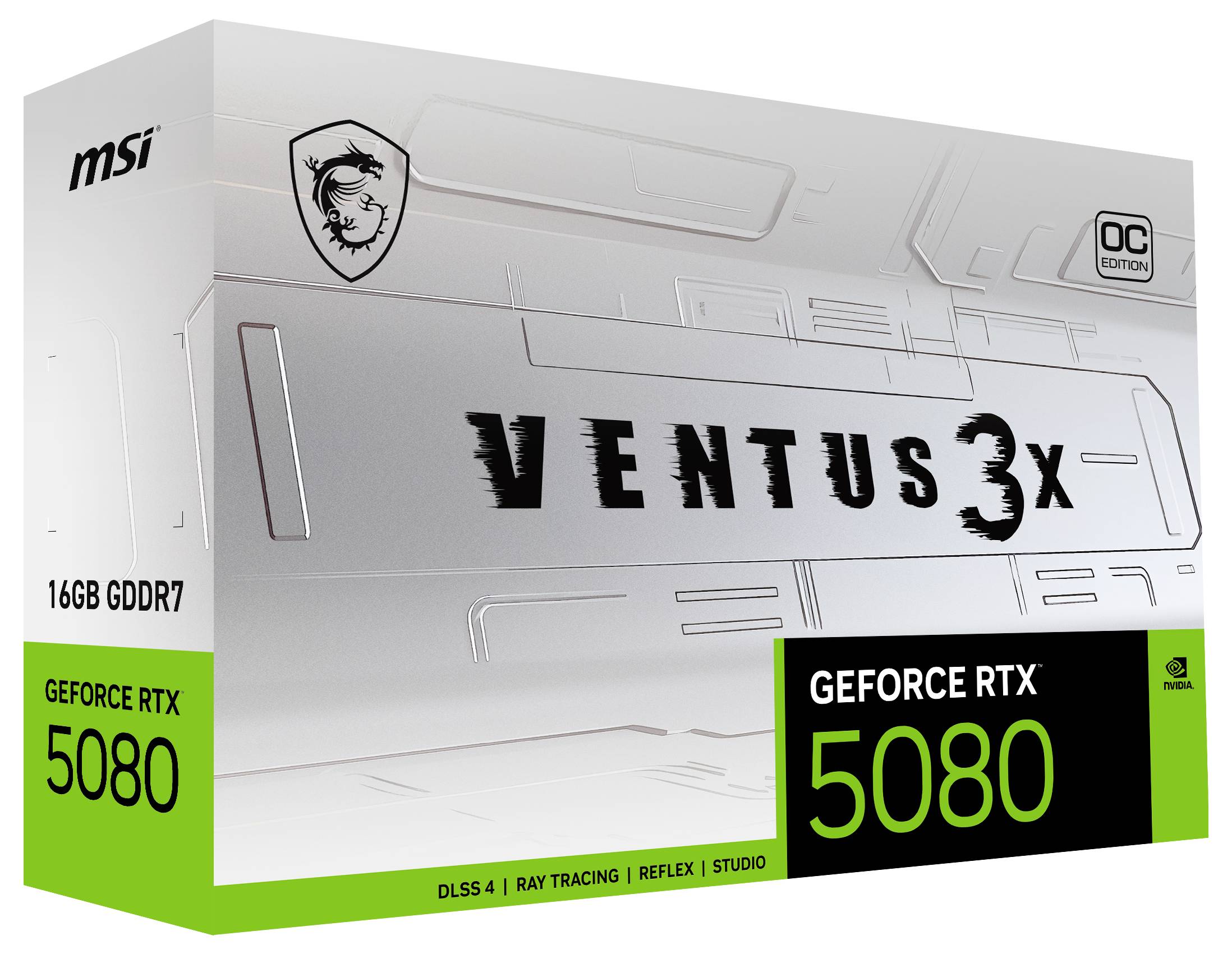 'GeForce RTX 5080 VENTUS 3X OC Edition' Verpackung zeigt Grafikkartendetails: 16GB GDDR7, DLSS 4, Ray Tracing, Reflex, Studio, MSI Logo.
