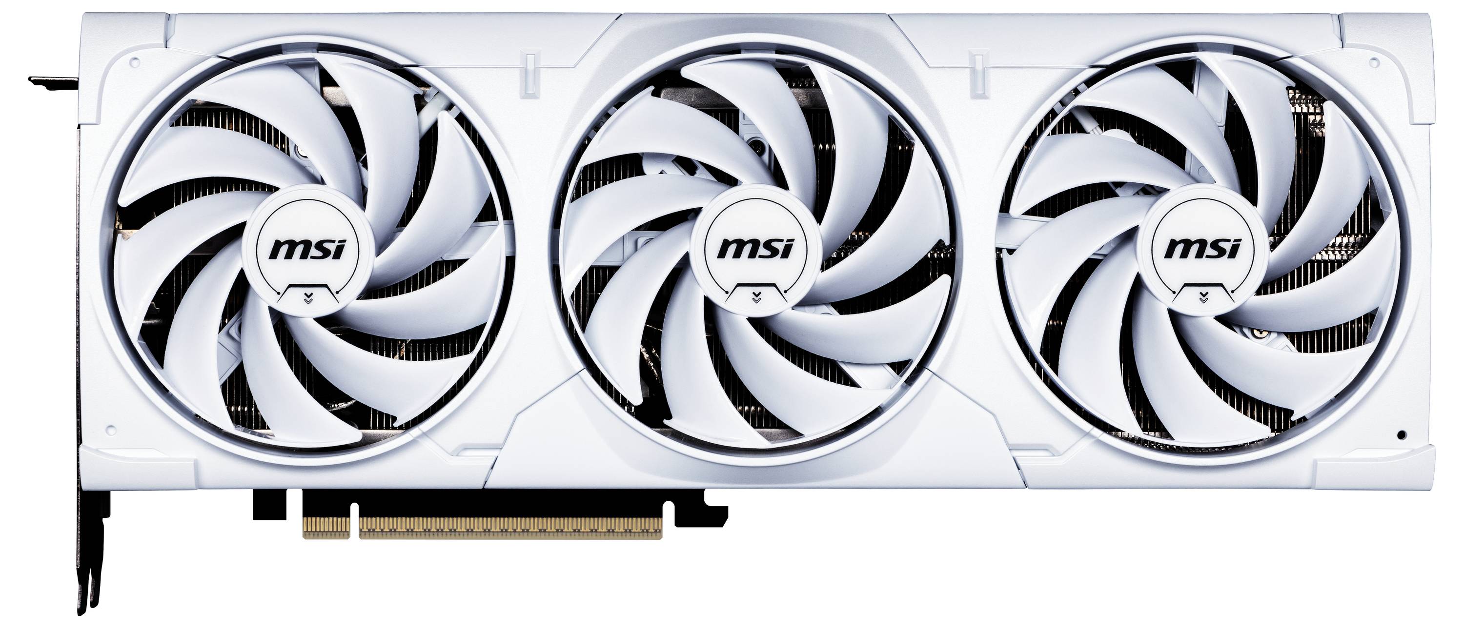 Weiße Grafikkarte mit drei großen Lüftern. MSI-Logo auf jedem Lüfter. Geeignet für leistungsintensive Computeranwendungen.