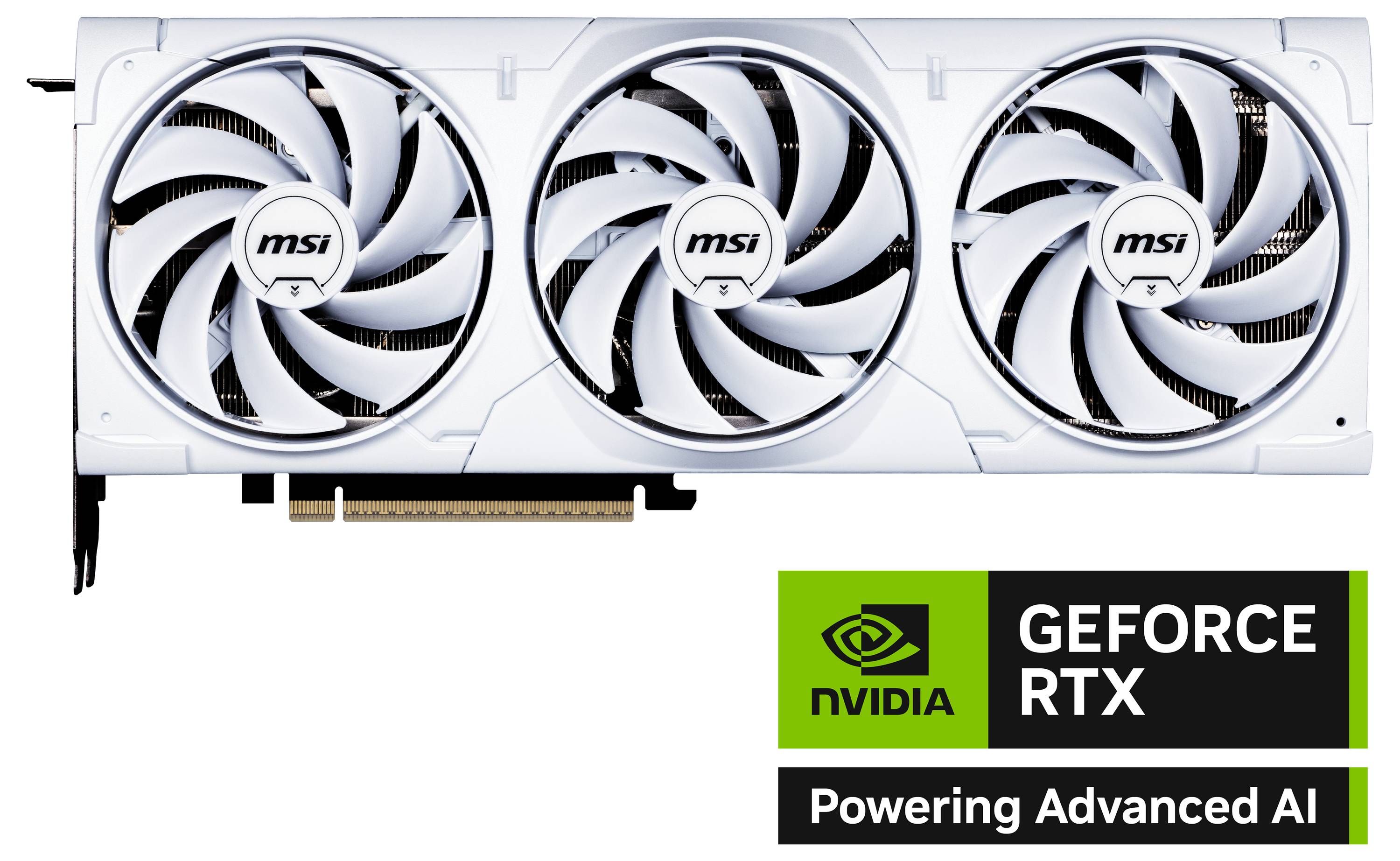 Grafikkarte MSI GeForce RTX mit drei Lüftern. Text unten: 'Powering Advanced AI'.
