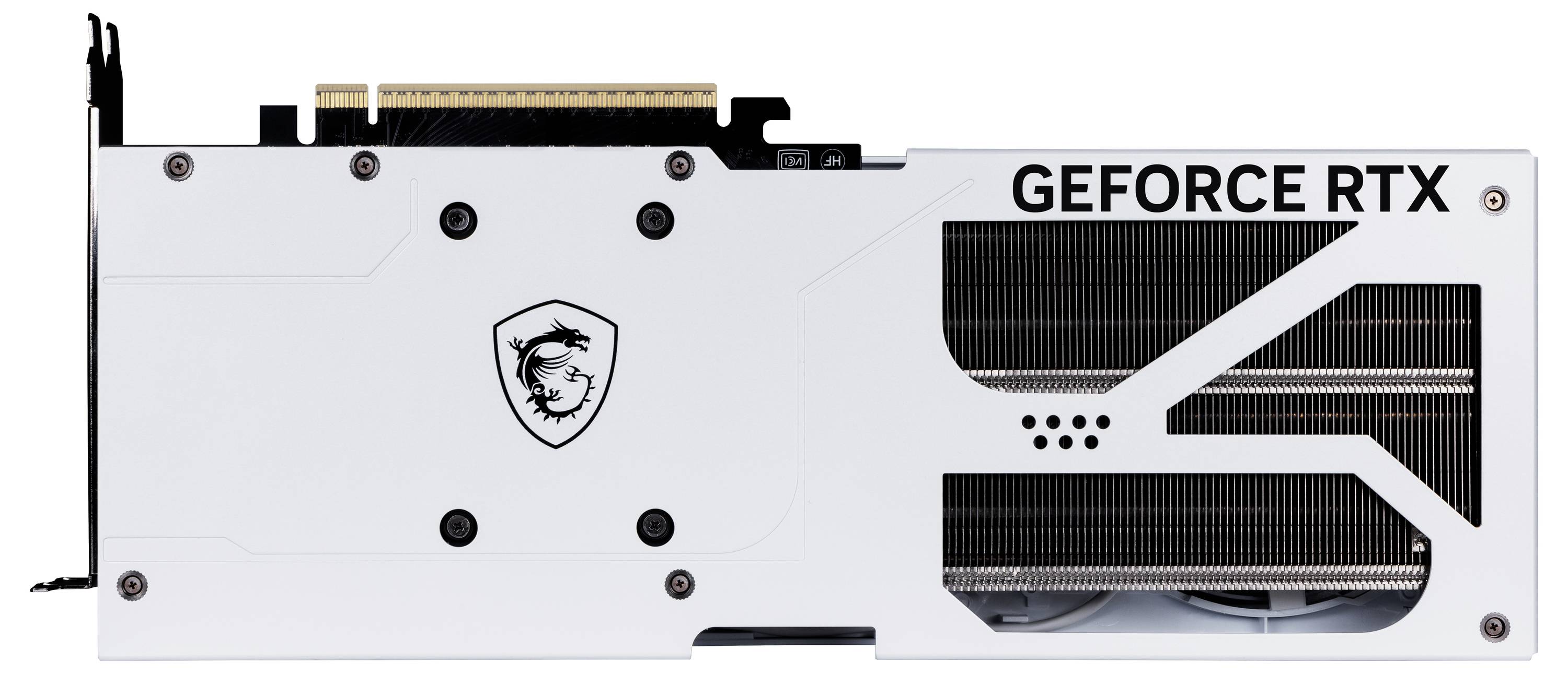 Weiße Rückseite einer GeForce RTX Grafikkarte mit schwarz-weißen Designelementen und dem Emblem eines Drachen.