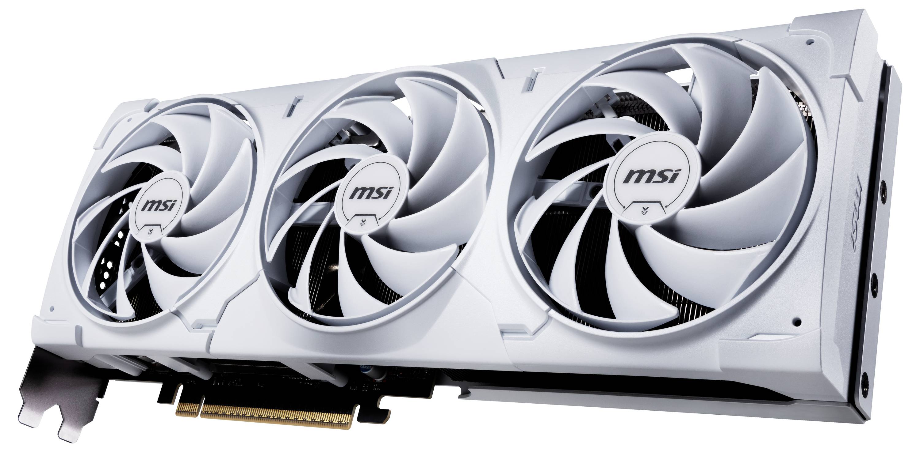 Weiße Grafikkarte mit drei großen Lüftern der Marke MSI für leistungsstarke Computeranwendungen und Gaming.