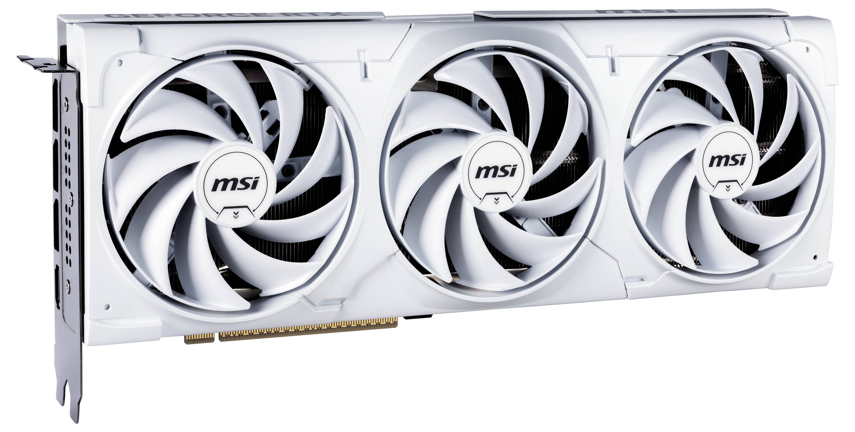 Dreifach-Lüfter-Grafikkarte von MSI in Weiß, zeigt einen großen Kühlkörper und Lüfter für verbesserte Wärmeableitung.