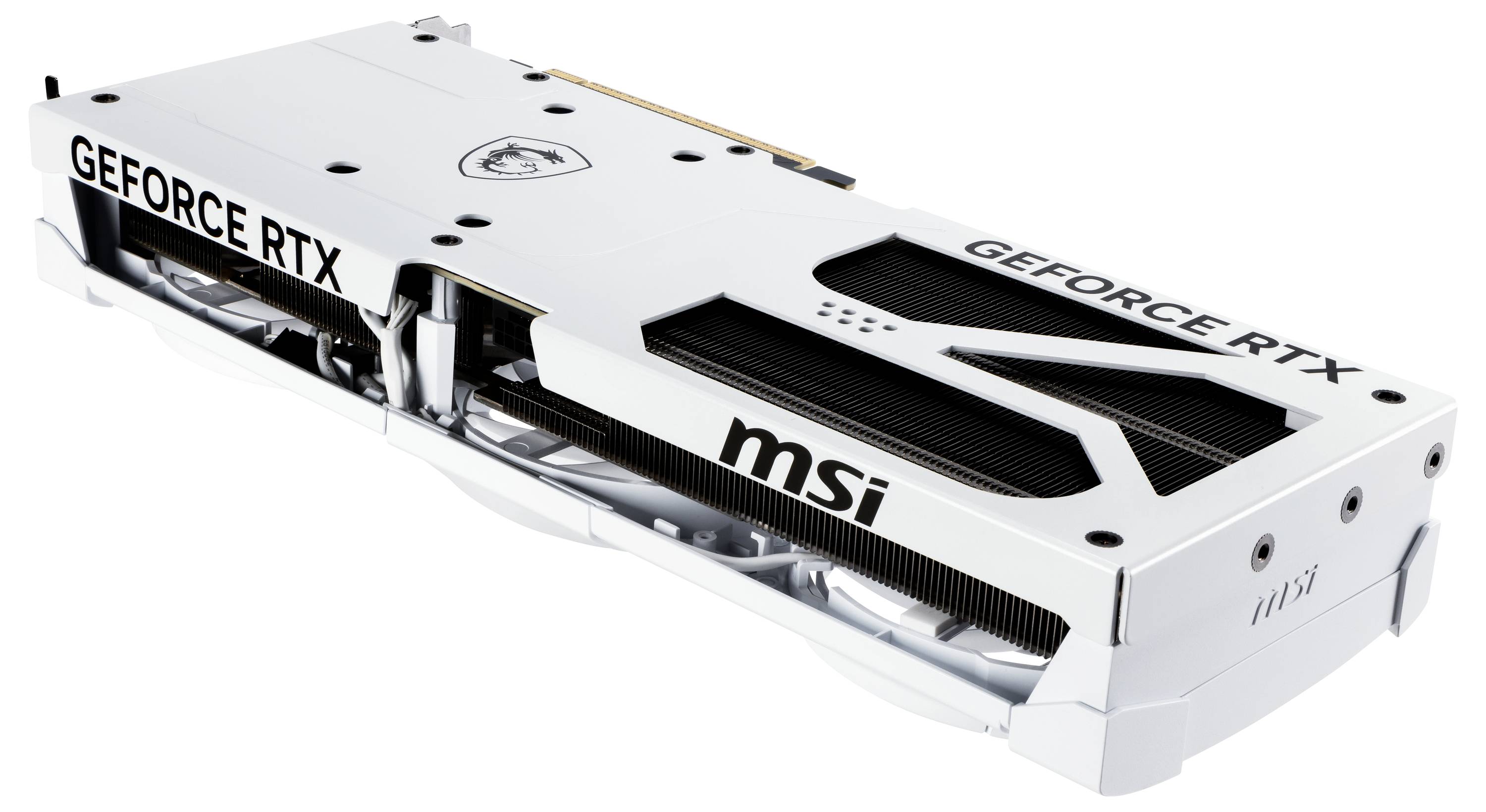 Weiße MSI GeForce RTX Grafikkarte mit detailliertem Kühldesign und Markenaufschrift.