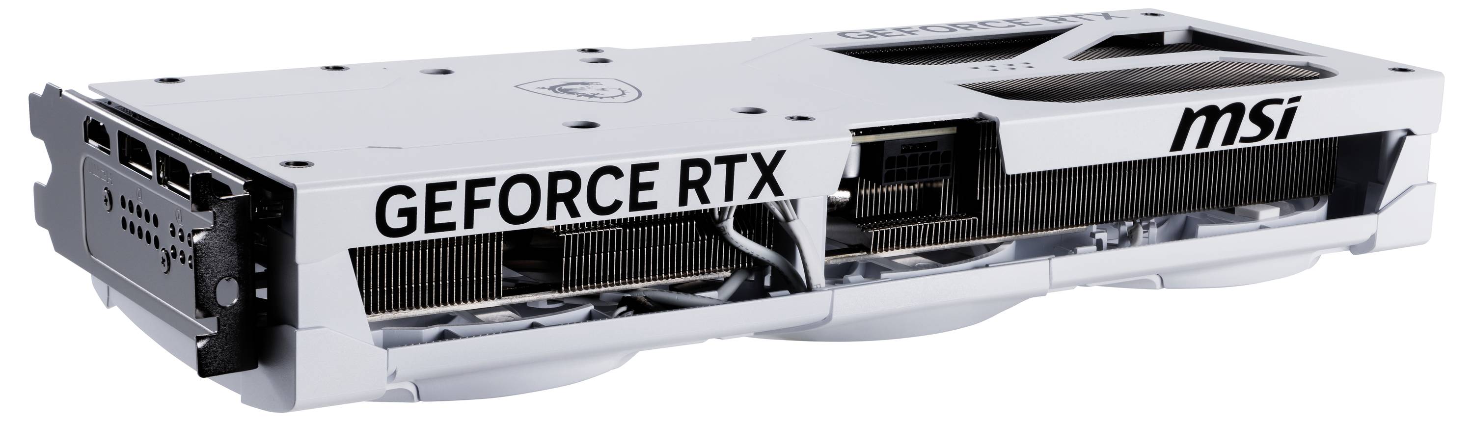 Weiße MSI-Grafikkarte 'GEFORCE RTX', seitliche Ansicht mit sichtbaren Lüftern und Anschlüssen, geeignet für leistungsstarke Computer.
