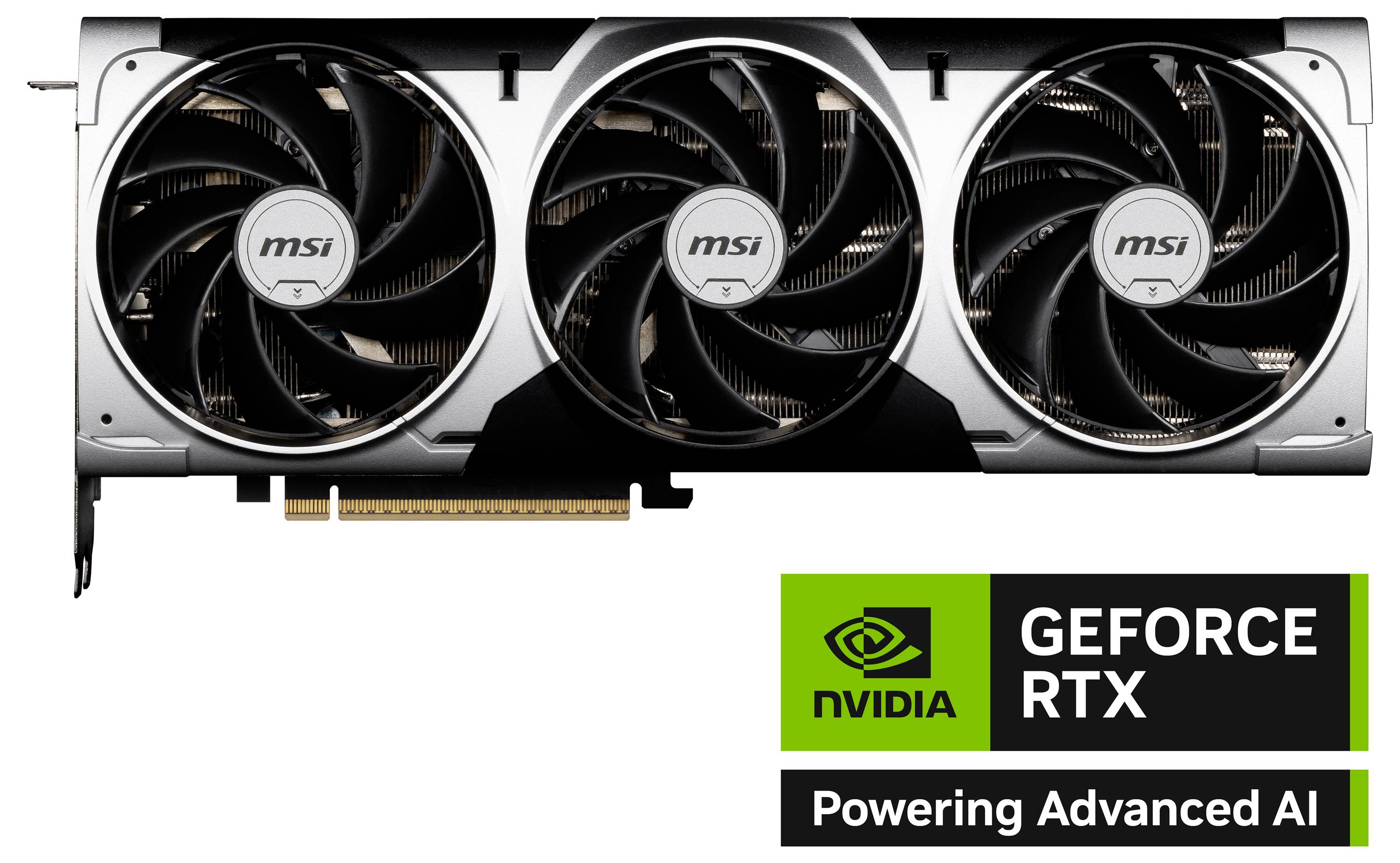Grafikkarte MSI GeForce RTX mit drei Lüftern. Logo von NVIDIA unten. Text: 'Powering Advanced AI'.