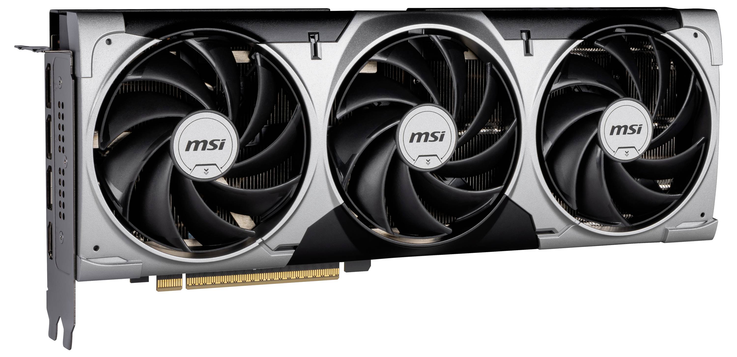 Grafikkarte von MSI mit drei Lüftern, schwarzem Metallkorpus und PCIe-Anschluss, für den Einsatz in leistungsstarken Computern.