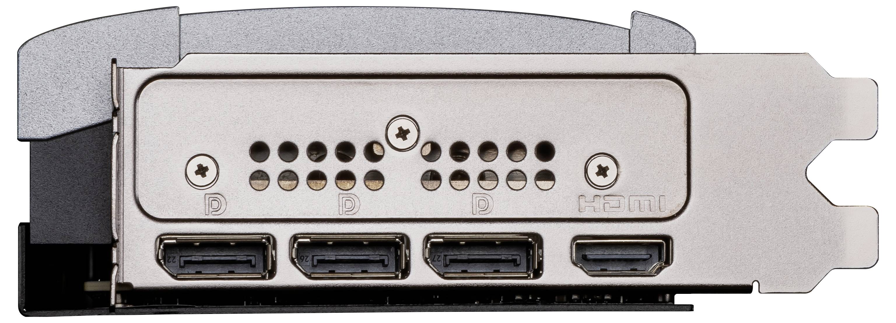 Rückseite einer Grafikkarte mit vier Anschlüssen: drei DisplayPort-Ports und ein HDMI-Port.