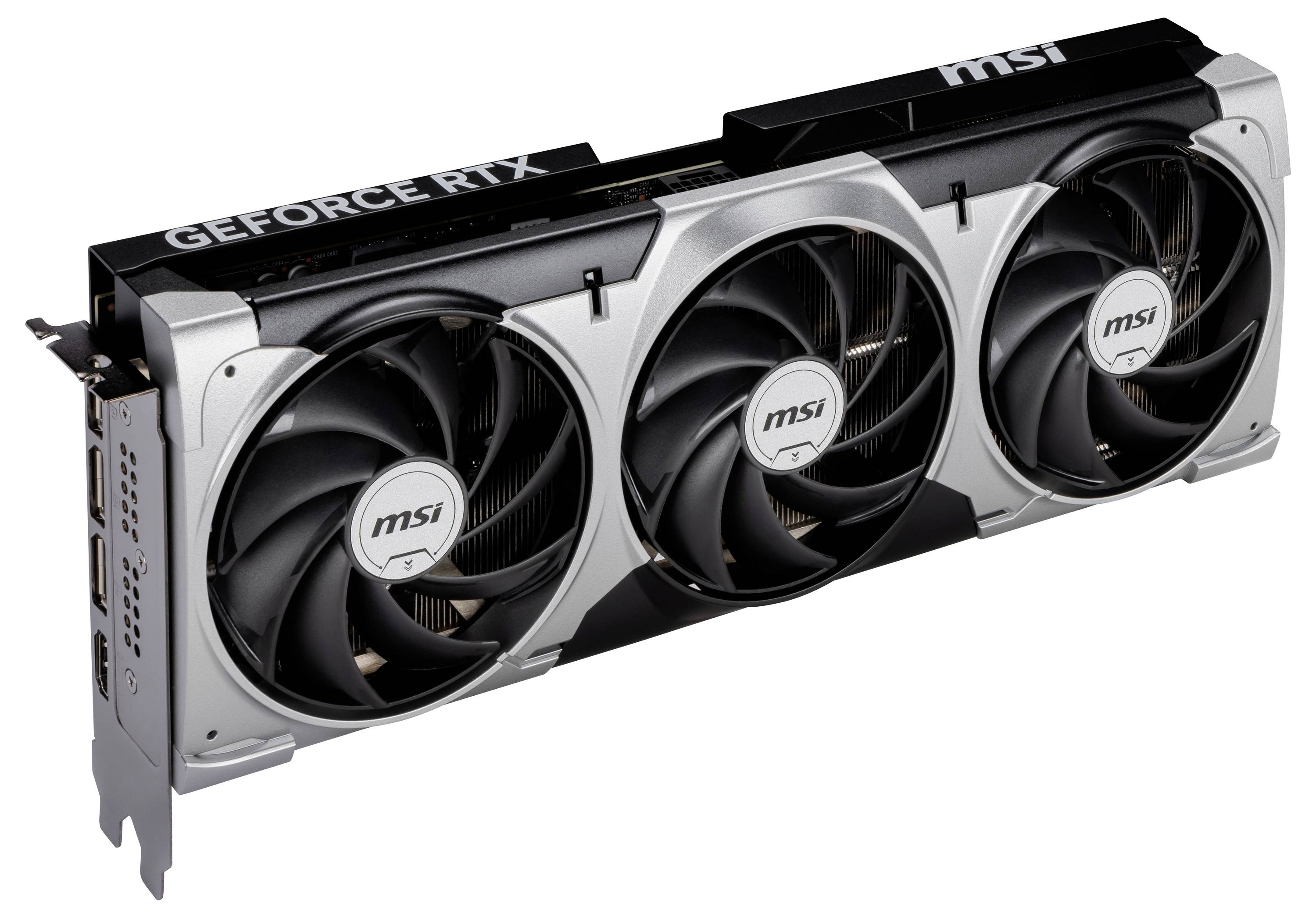 Grafikkarte MSI GeForce RTX mit drei Lüftern, silbernes Gehäuse. Geeignet für leistungsstarke visuelle und Gaming-Anwendungen.