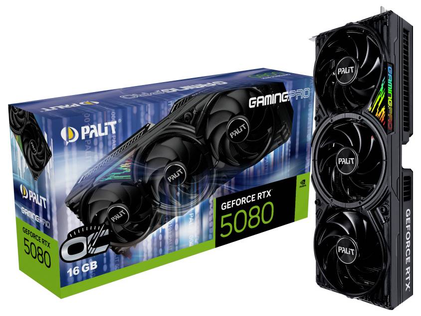 Eine Palit GeForce RTX 5080 Grafikkarte mit drei Lüftern und farbigen Designelementen auf der Karte sowie der Verpackung.