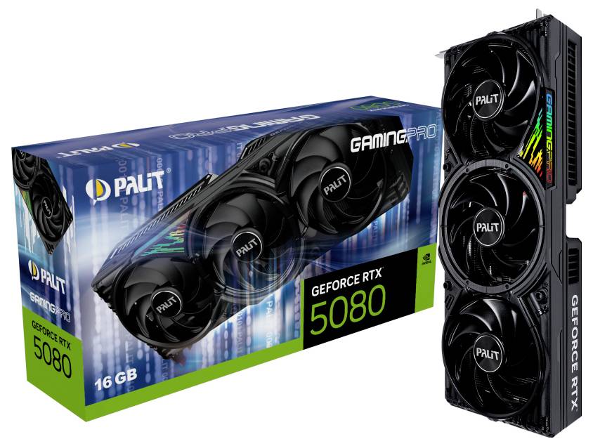 Grafikkarte 'Palit GeForce RTX 5080 GamingPro' mit Verpackung. Die Karte hat drei Lüfter und zeigt RGB-Beleuchtung. Verpackung zeigt Markenlogo.