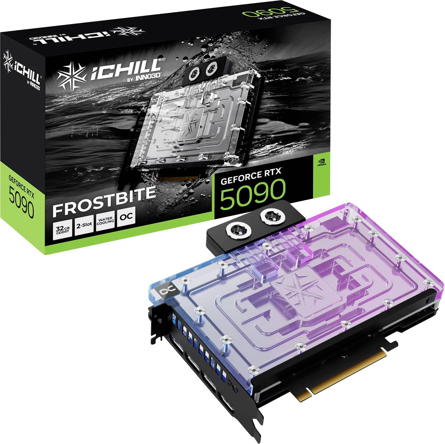 Grafikkarte 'iCHILL GeForce RTX 5090 Frostbite' mit Wasserkühlung. Verpackung zeigt Produktlogo und -details.