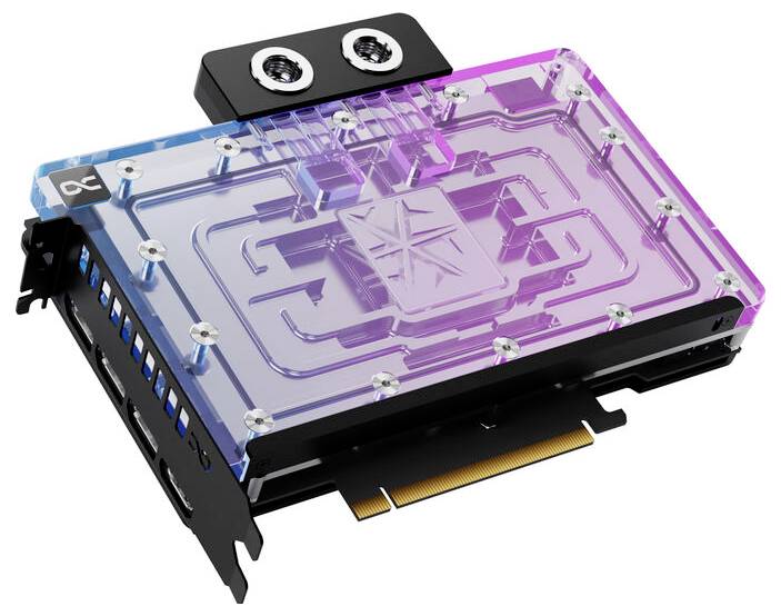 Eine Computer-Grafikkarte mit transparentem Gehäuse und integrierter Flüssigkeitskühlung, die Lichteffekte zeigt.
