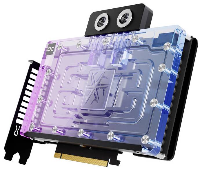 Transparente Computer-Grafikkarte mit Wasserblock zur Kühlung; zeigt lila-blaues Design mit doppelten Anschlüssen und schwarzem Anschluss-Slot.