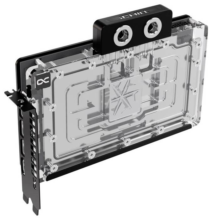 Eine transparente GPU-Kühlvorrichtung mit zwei Anschlüssen oben und einem metallischen Anschlussteil links.