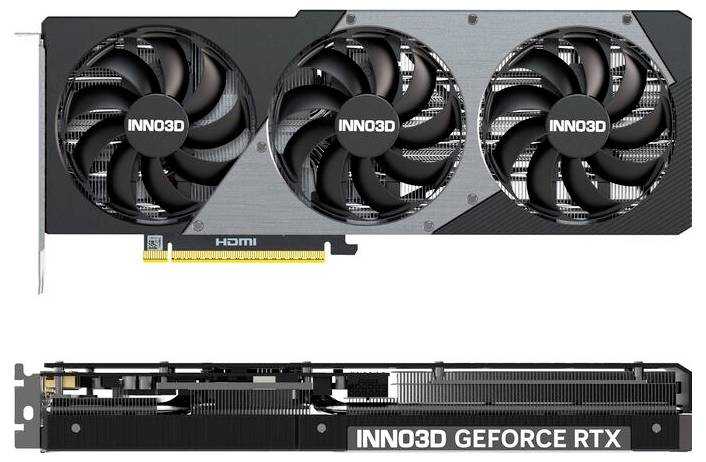 Grafikkarte von INNO3D mit drei Lüftern und HDMI-Anschluss, Modell GEFORCE RTX.