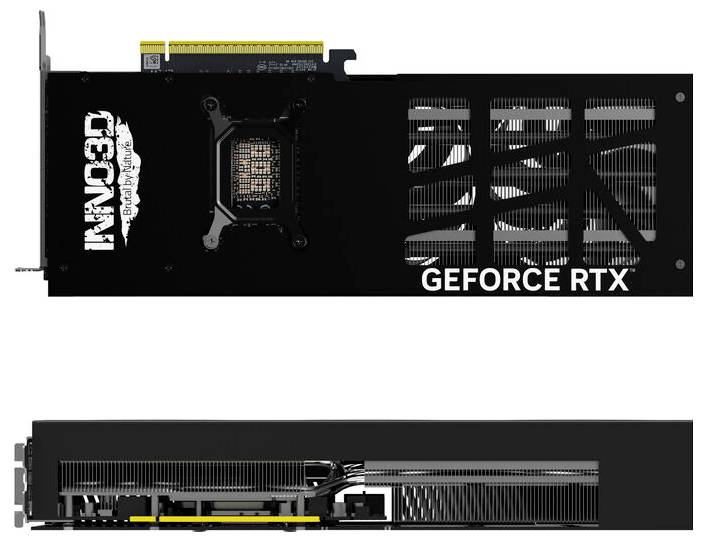 Eine schwarze Grafikkarte mit 'GeForce RTX' Aufschrift und Lüftungsschlitzen, Ansicht von oben und Seite gezeigt.