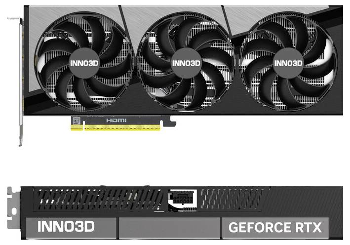 'INNO3D GeForce RTX'-Grafikkarte mit drei Lüftern, seitlicher HDMI-Anschluss und Belüftungsöffnungen. Quadratische Bauform.
