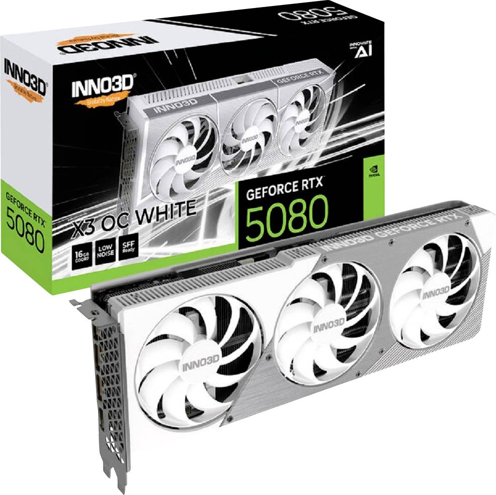 Grafikkarte Inno3D GeForce RTX 5080 mit drei Lüftern vor Retail-Verpackung, die Spezifikationen und grafische Darstellung zeigt.