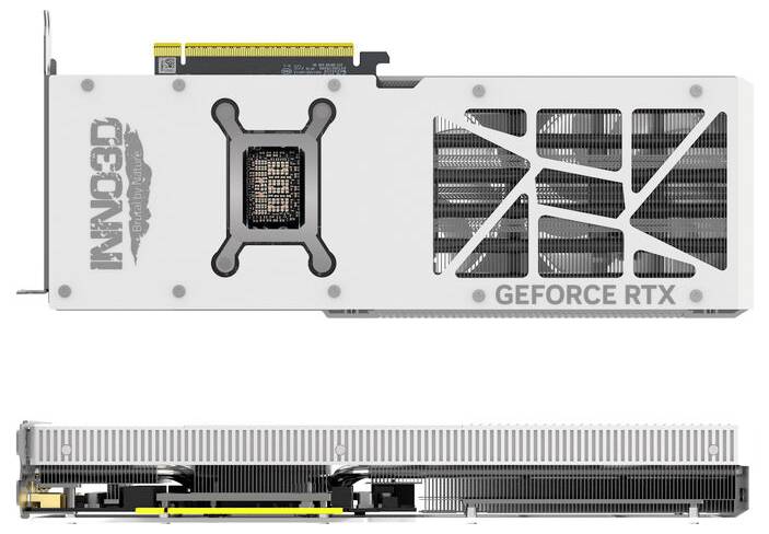 'GeForce RTX'-Grafikkarte in Weiß mit durchsichtigem Lüfterbereich und 'INNO3D'-Logo. Ansicht von oben und von der Seite.