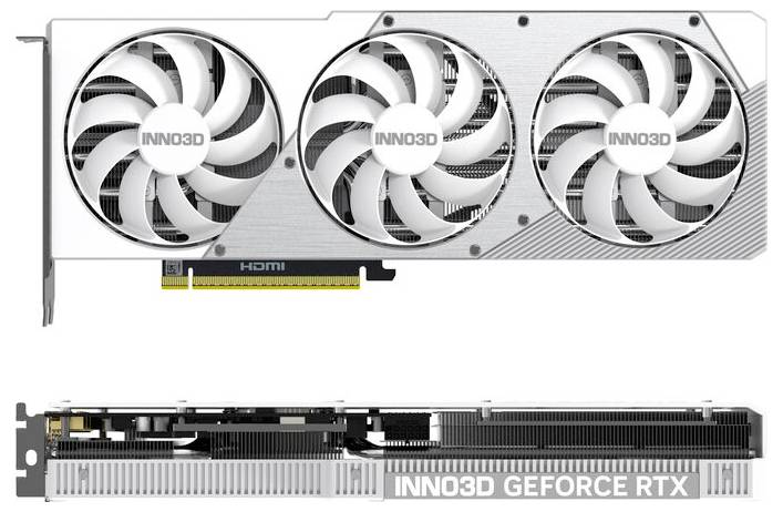 'INNO3D GeForce RTX' Grafikkarte in silbernem Design mit drei Lüftern. Ansicht von oben und der Seite, zeigt HDMI-Anschluss.
