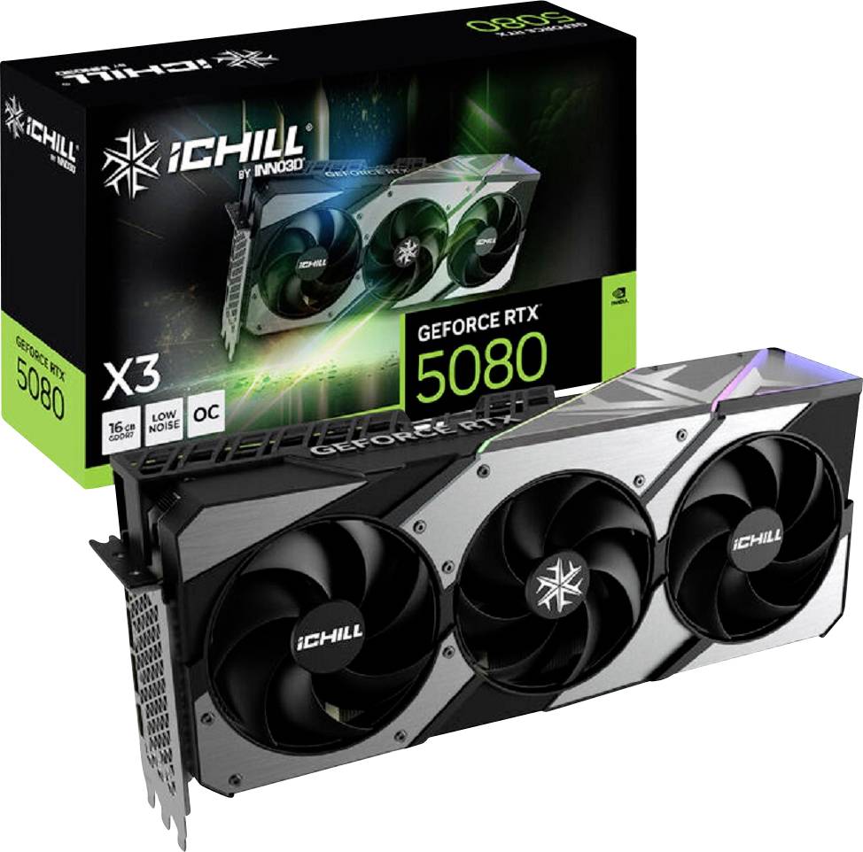 Grafikkarte iCHILL von Inno3D, Modell RTX 5080, mit drei Lüftern. Verpackung im Hintergrund zeigt Spezifikationen und Design.