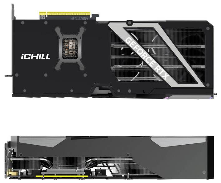 'GeForce RTX'-Grafikkarte mit schwarzem Design, seitliche Ansicht zeigt Lüfter und Kühllamellen, obere Ansicht zeigt 'iCHILL'-Logo.
