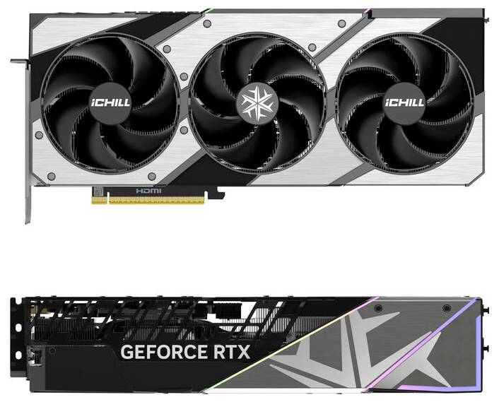 Ein schwarzes PC-Grafikkarten-Modell mit drei Lüftern von iCHILL und GEFORCE RTX-Logo auf der Seite, geeignet für Gaming.