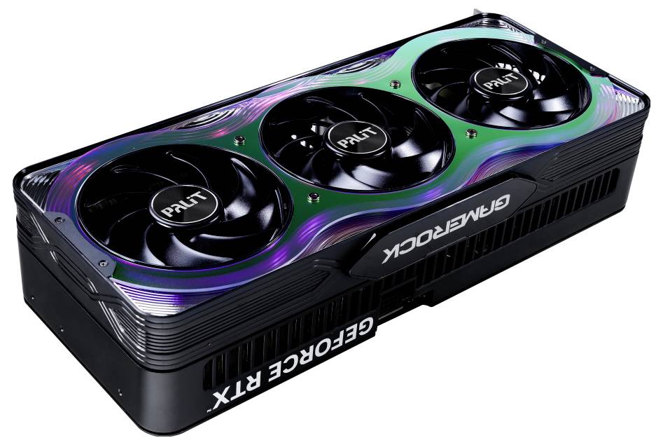 Grafikkarte mit drei Lüftern und GeForce RTX Aufschrift. Sie hat ein schwarz-glänzendes Design mit schimmernden Farben an den Seiten.